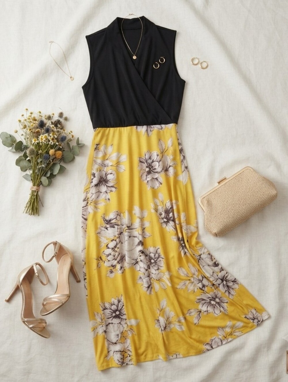 Sleeveless Black & Yellow Floral Maxi Dress